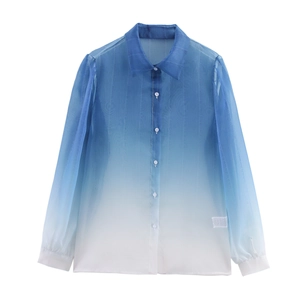 Women Long Sleeve Blouse Ombre Blue White Sheer Organza Striped Texture Single Breasted Casual Fresh Top For Lady