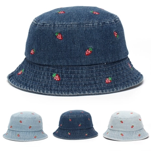 Kids Bucket Hat Denim Cotton Sun Protection Embroidered Strawberry Bear Heart Outdoor Cute Toddler Summer Sun Hat