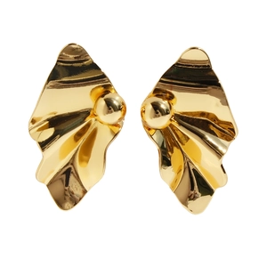 Abstract folded gold metal stud earrings with central sphere in minimalist geometric style