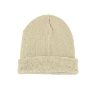Detailed close-up of beige ribbed knit beanie texture showing warm winter material
