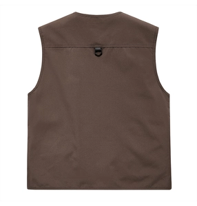 Rear view of dark brown fishing vest with high-density fabric and D-ring hook