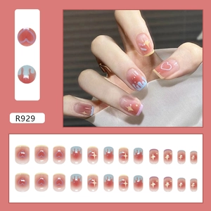 French style heart and star press-on nail set with 24 pieces in pink and blue gradient