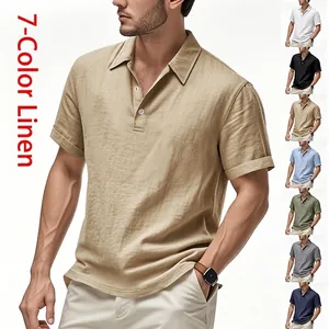 Polo en Lin à Manches Courtes pour Hommes Respirant Léger Décontracté Style Britannique Couleur Unie Top de Plage