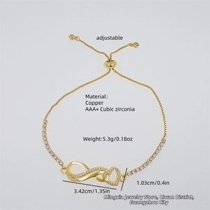 Detail showing an adjustable 18K gold plated infinity and heart bracelet with AAA+ cubic zirconia