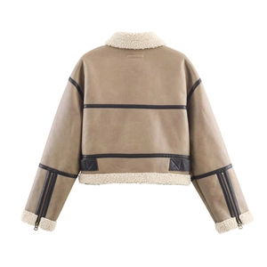 Short brown leather and white fleece reversible bomber jacket for women shown from the back