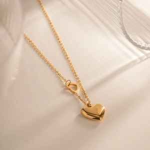 French style 18K gold plated stainless steel necklace with double heart pendant