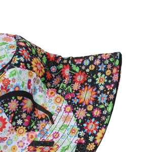 Floral print bucket hat with colorful flower patterns and reinforced stitched brim