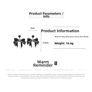 Detail view of black bow earrings with rhinestones, 5x5.5cm size and 16.6g weight