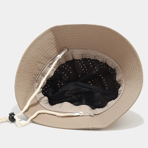 Khaki outdoor sun hat with breathable honeycomb mesh lining and adjustable chin strap