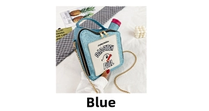 Detailed close-up of blue sequin oil drum handbag with Bad Bitch Fuel lettering