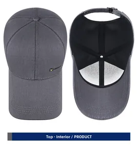 Detail view of dark grey baseball cap showing internal sweatband and top structure