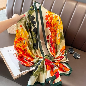 Women Fashion Floral Print Imitation Satin Scarf Large Shawl Wrap Sun Protection Beach Sarong Vacation Accessory