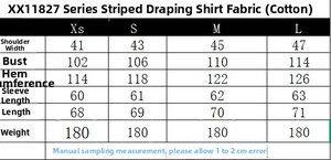 Size chart for striped long sleeve shirt showing shoulder, chest, and length measurements