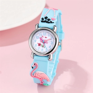 Kids quartz watch with blue flamingo strap and rainbow accents on pink background