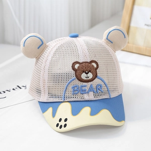 Detail of breathable kids mesh baseball cap with cute bear embroidery and 3D ears