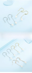 Detail of teardrop pearl earrings in gold, silver, and rose gold with long chain hooks