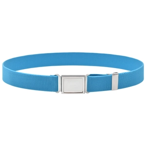 Detail of blue elastic children's belt featuring a silver magnetic buckle and adjuster
