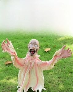 Macro detail of scary Halloween zombie prop showing 370g weight and bloody fabric texture