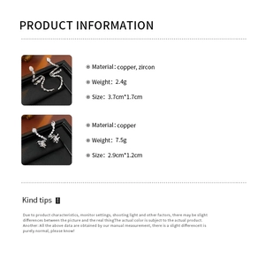 Detailed spec sheet showing zircon snake earrings dimensions and copper material info