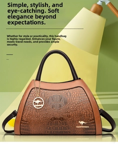 Close-up of brown crocodile pattern handbag with gold hardware and kangaroo logo