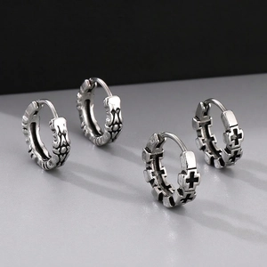 Vintage Stainless Steel Cross Heart Hoop Earrings Gothic Punk Carved Antique Silver Unisex Ear Jewelry