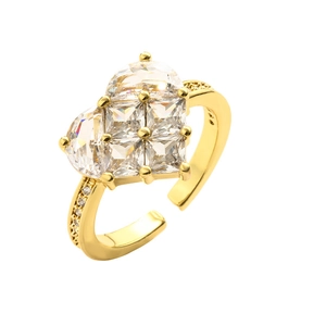 Adjustable gold plated copper ring with heart zircon stones and small side diamonds