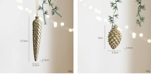 Detailed view of champagne gold resin pinecone ornaments with size and weight dimensions