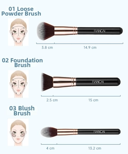Detailed size guide for 12pcs black makeup brush set showing lengths and application