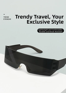 Detail view of futuristic oversized UV400 sunglasses with dark grey transparent temples