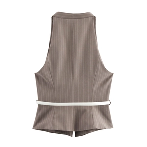 Women's chic striped sleeveless vest top in taupe brown with matching white waist belt