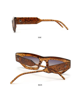 Side and back view details of retro cat-eye sunglasses in amber leopard pattern texture