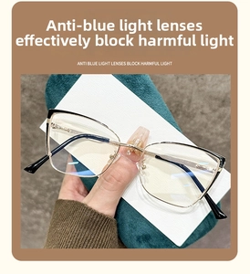 Macro detail of cat-eye metal glasses frame with photochromic blue light blocking lenses