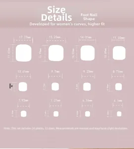 Size chart showing 12 dimensions for glitter black stripe toe press-on nails
