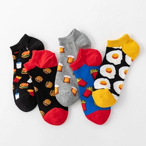 Five pairs of low cut cotton socks featuring burger, beer, and french fries food patterns