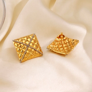 Square gold geometric earrings with diamond patterns and silver bead cross details