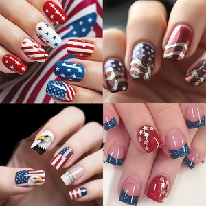 Independence Day Press On Nails Red White Blue Stars Stripes Design American Flag Style Square Coffin False Nails Artificial Nail Art Decoration With Jelly Glue