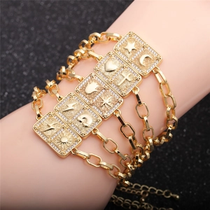 Hip hop gold plated charm bracelet with star moon heart and cross zircon pendants