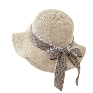 Women's summer straw beach sun hat with plaid ribbon and lace trim in natural beige