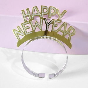 Detail of Happy New Year headband featuring gold and silver glitter foil lettering