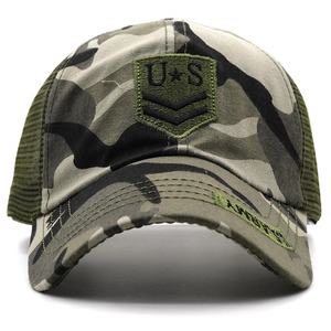 Green woodland camouflage trucker hat with US star embroidery and breathable mesh