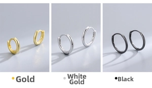Detailed close-up of S925 sterling silver hoop earrings in gold, silver, and black finishes