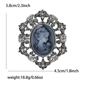 Vintage relief brooch with silver hollow frame and blue cameo portrait, 5.8cm size