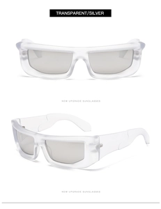 Front and side views of rectangular frosted clear sunglasses with silver mirrored lenses