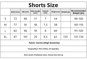 Größentabelle für niedrige Denim-Shorts mit Spitze, Maße für S bis XL im Überblick