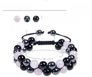 Detailed chart showing 8mm rose quartz and obsidian beads with adjustable braided cord