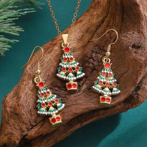Christmas Jewelry Alloy Enamel Rhinestone Necklace And Earrings Santa Reindeer Tree Holiday Gift For Women Girls