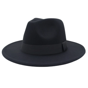 Elegant black wool felt jazz hat featuring a wide brim and decorative ribbon band