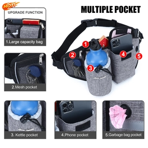 Detail showing the multi-pocket design including water bottle holder and phone storage