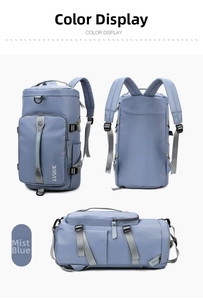 Mist blue multi-purpose travel backpack showing front, back and side flat view angles