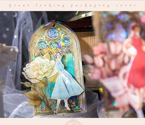 Detail of vintage PET sticker with laser holographic floral window and lady motif